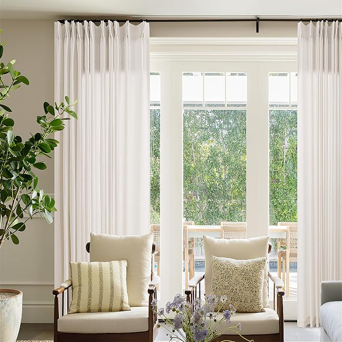 Pinch Pleat Extra Wide 72 x 108 Inch Linen Curtains Semi Sheer Cream | Light Filter, Ivory, Pleated Drapes, for Living Room Divider Patio Sliding Door Big Window, Curtains 108 Inch Length, 1 Panel