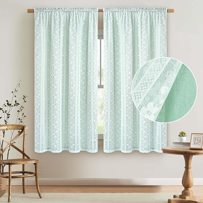 ASPMIZ Linen Curtains for Bedroom Double Layer Curtain 63 Inch Length 2 Panels, Farmhouse Rod Pocket Drapes with Tiebacks, Light Filtering Window Treatment for Living Room, 52 x 63 Inch, Mint Green