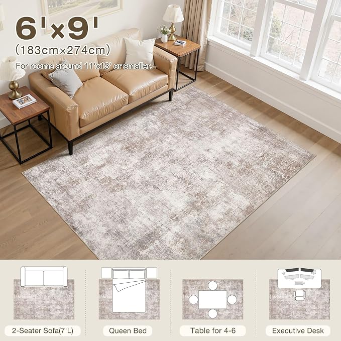 6x9 Area Rug, Non Slip Low Pile Washable Large Rug for Living Room | Soft Modern Abstract Carpet, Stain Resistant Kid & Pet Friendly, Made for Dining Room, Nursery, Home Office Indoor - Brown