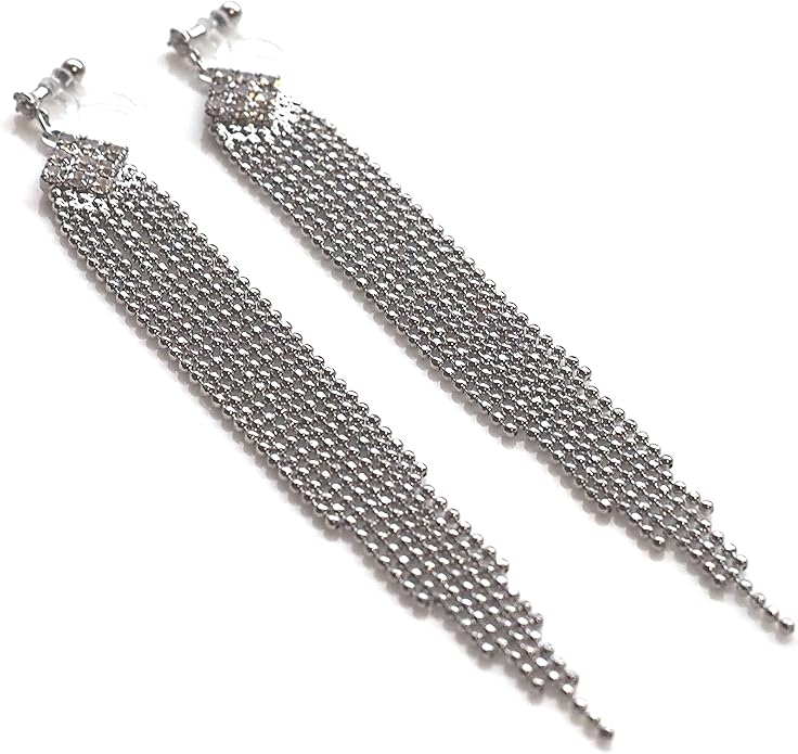 Dangle Silver Invisible Clip On Earrings for Women Not Pierced Gold Crystal Rhinestone Comfortable Hoop Fringe Long Chain Clip On Earrings