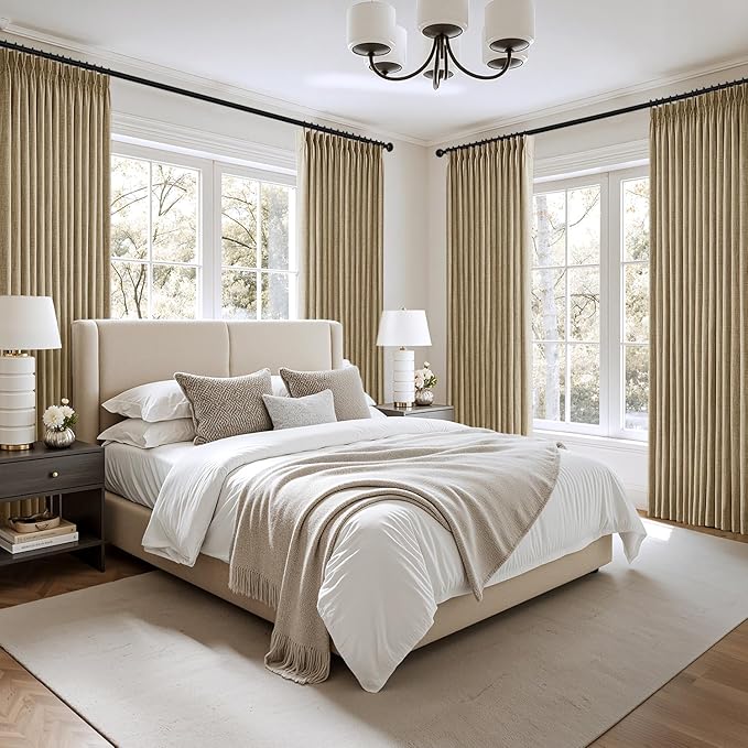MIULEE Pinch Pleated Thick Linen Curtains 102 Inch 4 Panels Set Back Tab Memory Trained Pinch Pleat Semi Sheer Light Filtering Privacy Let Light in Window Drape for Living Room Bedroom Copper Brown