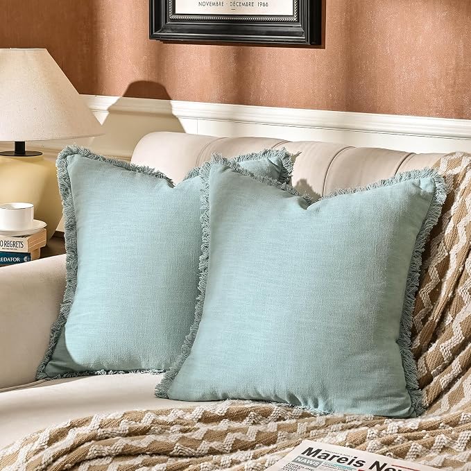 AmHoo Pack of 2 Linen Pillow Covers with Tassels Fringed Decorative Rustic Natural Throw Pillowcase Cushion for Couch Sofa Bedroom 22 x 22-Inch Cloud Blue