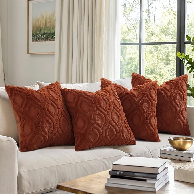 decorUhome Rust Faux Fur Soft Throw Pillow Covers 16X16 Set of 4 | Fall Neutral Decorative Plush Couch Pillow Covers, Accent Modern Farmhouse Neutral Pillow Cases for Sofa Bed Living Room