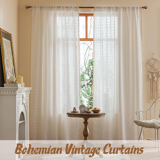 90 Inches Boho Curtains for Livingroom bedroom, Bohemian Semi Sheer Drapes, Farmhouse Privacy Tassels Vintage Chic Drape Embroidery Window Treatment Decor,Back Tab & Rod pocket Ivory White，2 Panels
