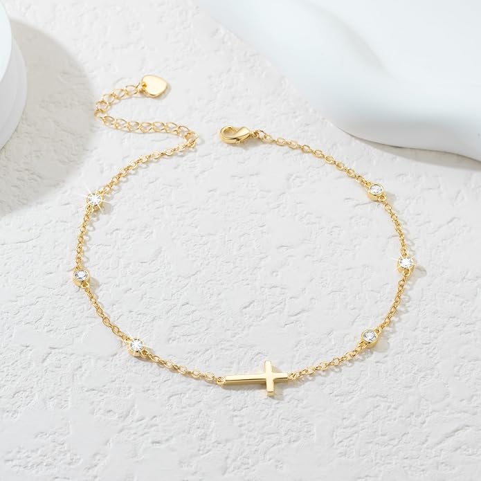 Gold Anklets for Women Ankle Bracelets for Women 14K Gold Anklets Bracelets for Womens Golden Anklet Cross Ankle Bracelet Spaced Evenly Cubic Zirconia Cross Anklet Bracelet for Womens Ankles 9.5+1.5in