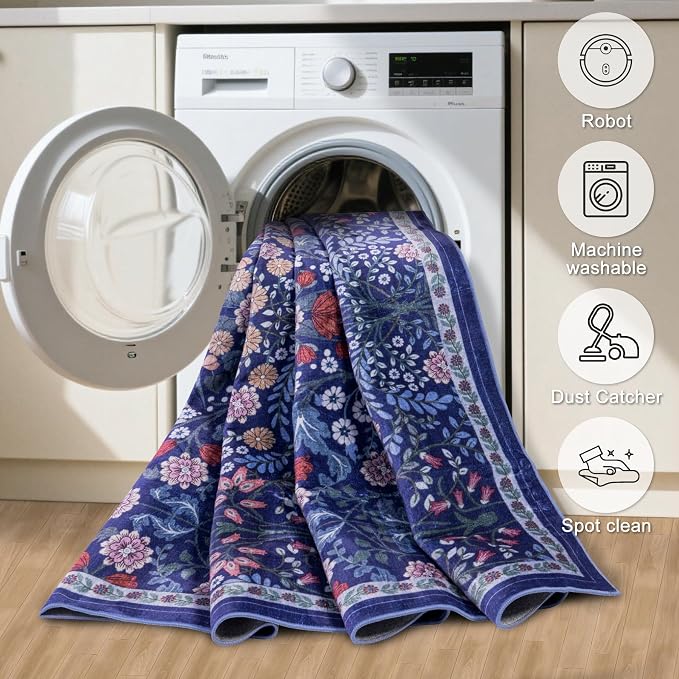 Area Rug Living Room Rugs: Floral 3x5 Washable Rug Vintage Soft Boho Non-Slip Carpet Indoor Floor Stain Resistant Large Carpets for Bedroom Dining Room Farmhouse Nursery Hallway Blue