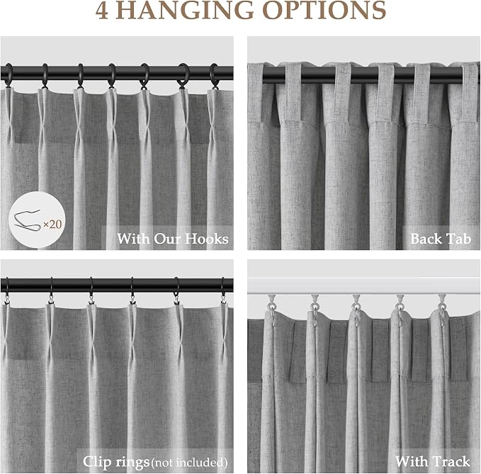 Aersas Light Grey Pinch Pleated Linen Curtains 102 Inch Length 2 Panels for Living Room Bedroom Semi Sheer Window Curtain Boho Neutral Back Tab Pinch Pleat Drape with Hooks 40x102