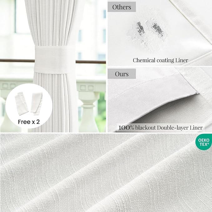 Topfinel Beige White 100% Blackout Linen Curtains 102 Inches Long Floor to Ceiling Room Darkening Curtains, Farmhouse Living Room Drapes Back Tab and Rod Pocket Boho Bay Window Treatment 52" W*102" L