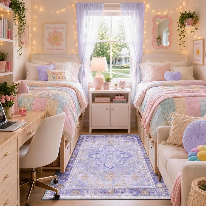 RELEANY Area Rugs 3'x5' Washable Non-Slip, Floral Vintage Distress Medallion Carpet for Living Room Bedroom Dining Room, Light Purple Brown