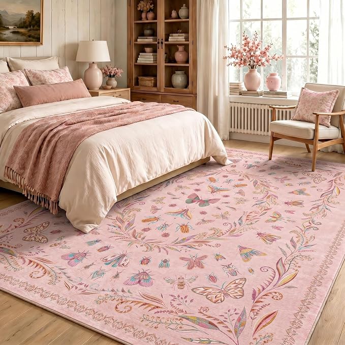 Lunasun Butterfly Area Rugs 5x8 for Baby Nursery, Cute Pink Rugs for Bedroom Girls, Living Room, Kids Room Playroom Reading Corner, Washable Ultra Soft Stain Resistant Floral Floor Decor