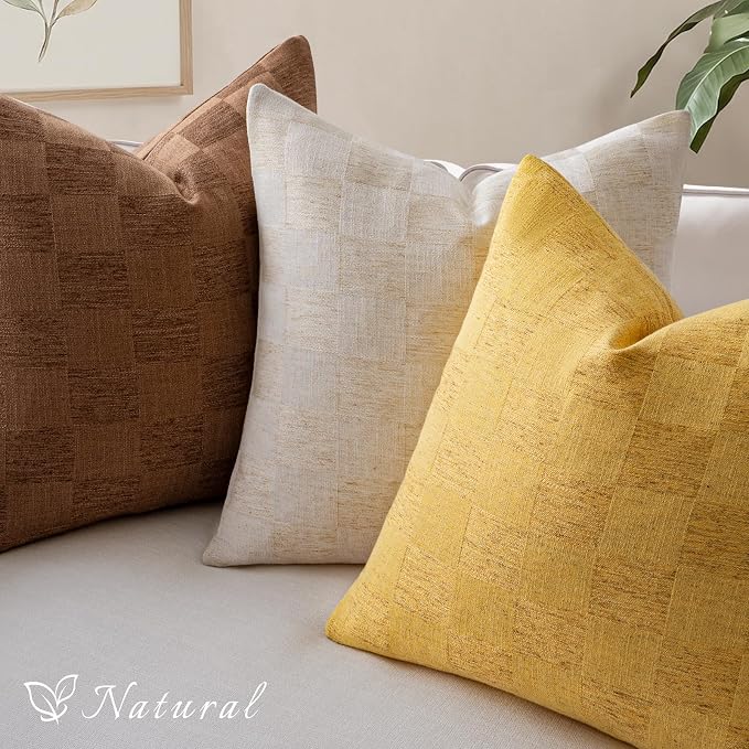 a moment Set of 2 Decorative Linen Throw Pillow Covers,Large Grid Textured Neutral Boho Farmhouse Cushion Covers,Soft Aesthetic Pillowcases for Couch Sofa Living Room Home Decor,18x18 Inch,Yellow