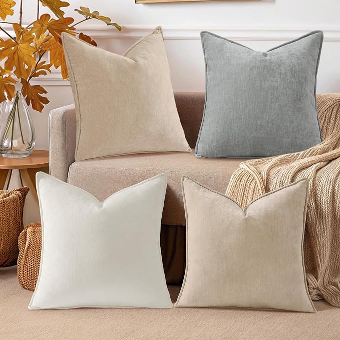 decorUhome Set of 4 Chenille Throw Pillow Covers 16x16(Beige/Cream) | Couch Decorative Soft Neutral Pillow Covers with Elegant Design for Living Room Bed Sofa