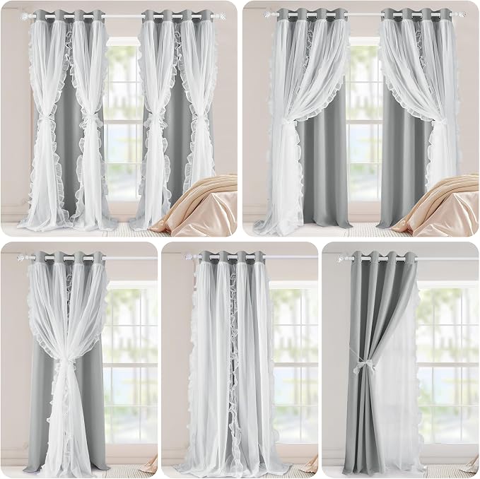 PONY DANCE 100% Blackout Curtains for Girl's Bedroom, Double Layer Grommet Curtain 84 inch Long with Sheer Overlay for Living Room, Nursery Kids Toddler Room Decor, Light Grey, 52" W x 84" L, 2 Panels