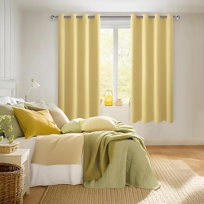 Hiasan Blackout Curtains for Bedroom, 52 x 63 Inches Length - Thermal Insulated & Energy Saving Window Curtains for Living Room, 2 Drape Panels Sewn with Tiebacks, Light Yellow