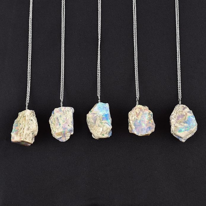 Ultra Fire Raw Ethiopian Opal Rough Dainty Pendant Necklace For Women, Healing Chakra Crystals, Handmade October Birthstone Jewelry, 925 Silver Chain 18 inch, Wedding Gift