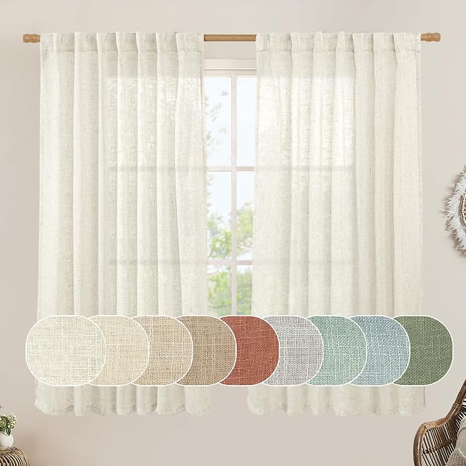 LAMIT 60 Inch Wide Linen Curtains for Bedroom, Ivory Cream Light Filtering Faux Linen Textured Panels Semi Sheer Back Tab and Rod Pocket Boho Drapes for Living Room/Farmhouse, 2 Panels, 60 x 63 Inch