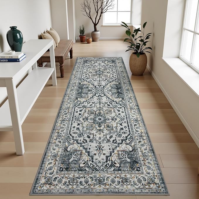 Joydeco Washable 2x6 Hallway Runner Vintage, White&Light Gray&Dark Gray | Water Resistant Low Pile Non Slip Backing for Kitchen Entryway Bedroom Bathroom Dining Room