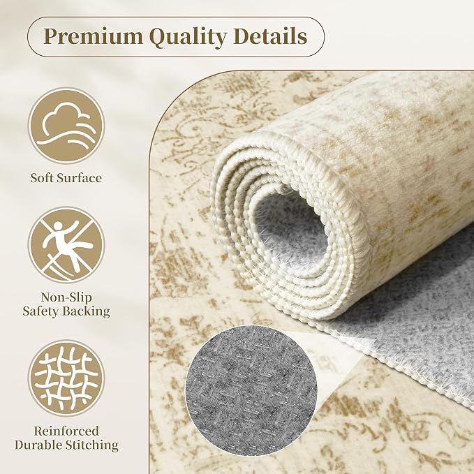 Beige Living Room Rug, Vintage Boho Washable Rug 6x9 for Bedroom | Nursery Area Rug for Dining Room, Low Pile Neutral Large Carpets With Non-Slip Silicone Backing, Non-Shedding