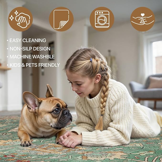 Bavni Living Room Rug, Modern Area Rugs 5x7 Non-Slip Washable, Chenille Printed Vintage Rugs for Bedroom Dinning Room Office, Sage/Gold