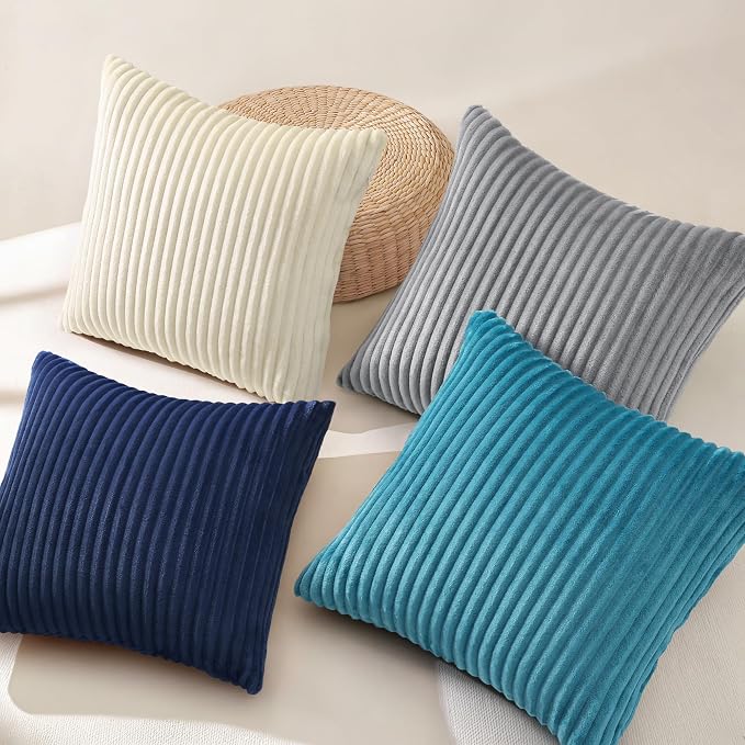 decorUhome Flannel Neutral Teal Throw Pillow Covers 20X20 Set of 4 | Decorative Fall Soft Fluffy Striped Double-Sided Couch Pillow Covers, Modern Farmhouse Pillow Cases for Sofa bed Home Decor