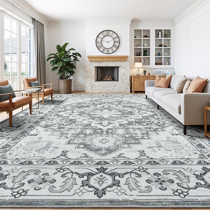 Lessymo Area Rugs 10 x 14 for Living Room, Washable Large Area Rugs Boho Faux Wool Low Pile Area Rug for Bedroom, Floral Medallion Vintage Rugs with Non-Slip Rubber, Kid & Pet Friendly,Grey Beige