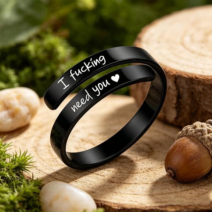 I Fcking Love You Ring, Stainless Steel Engraved Inspirational Words Heart Open Adults Women Vintage Promise Rings Lover Wife Jewelry