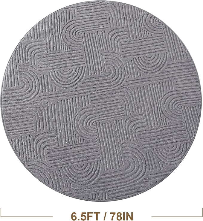 Carvapet 6.5' Round Rug Grey Washable High Low Pile Area Rug Soft Plush Carpet for Living Room Bedroom Non Slip Indoor Floor Rug for Home Kids Nursery Decor
