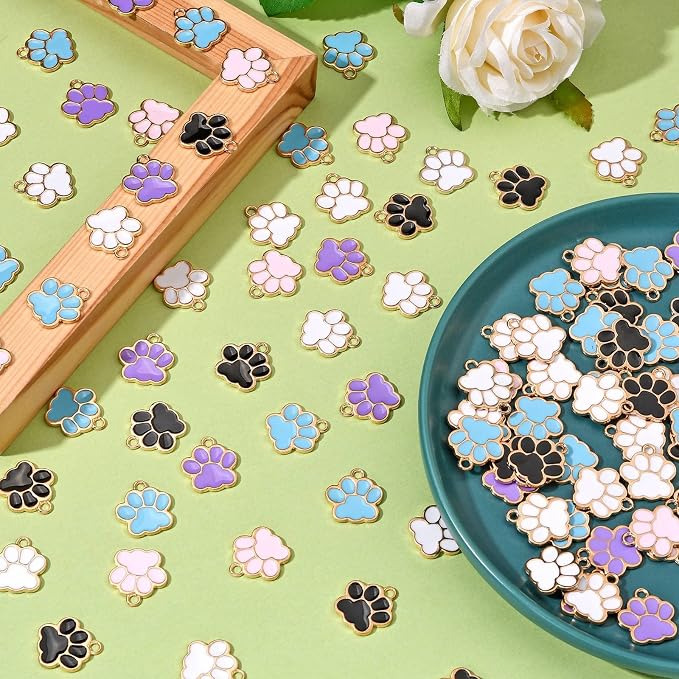 DanLingJewelry 100pcs Random Colors Dog Cat Paw Print Charms Enamel Puppy Kitten Paw Print Pendants with Loop for DIY Jewelry Making