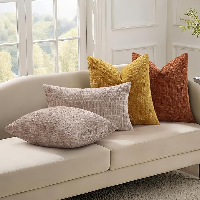 decorUhome Textured Chenille Throw Pillow Covers 22x22 Set of 2 Rust | Fall Modern Farmhouse Soft Cozy Slubby Couch Pillow Cases Boho Decorative Pillow Cases for Bed Sofa Living Room Home Decor