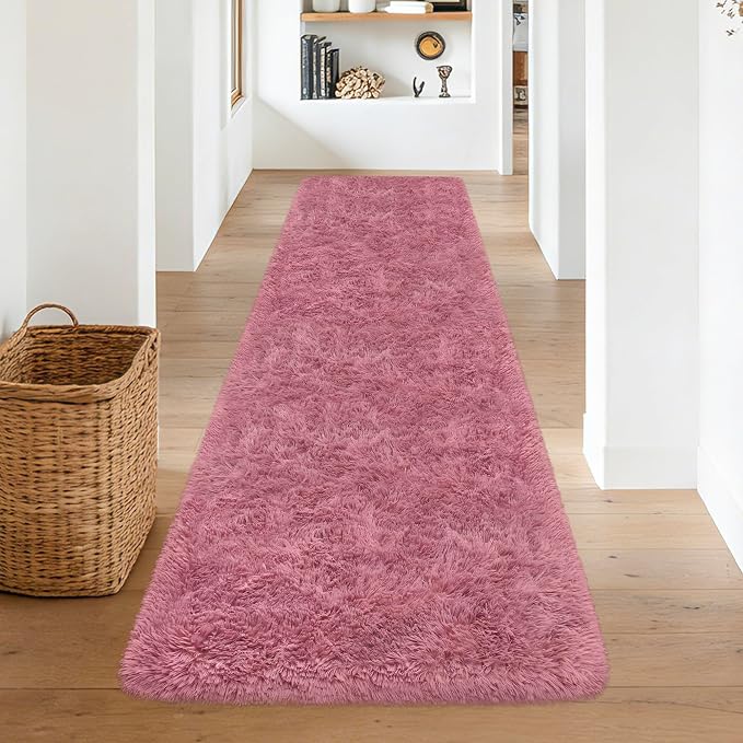 Soft Runner Rug for Bedroom Living Room, 2x8 ft Fluffy Blush Pink Rug for Bedroom Girls Room, Washable Girls Fuzzy Rugs for Kids Room Bedside Nursery Dorm Pink Shag Carpet Runner for Hallway