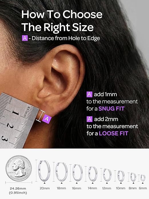 ChicSilver 925 Sterling Silver Huggie Hoop Earrings Small Hoop Earrings for Women Hypoallergenic Silver Huggie Earring Cartilage Earrings for Women (6/8/10/12/14/16/18/20MM)