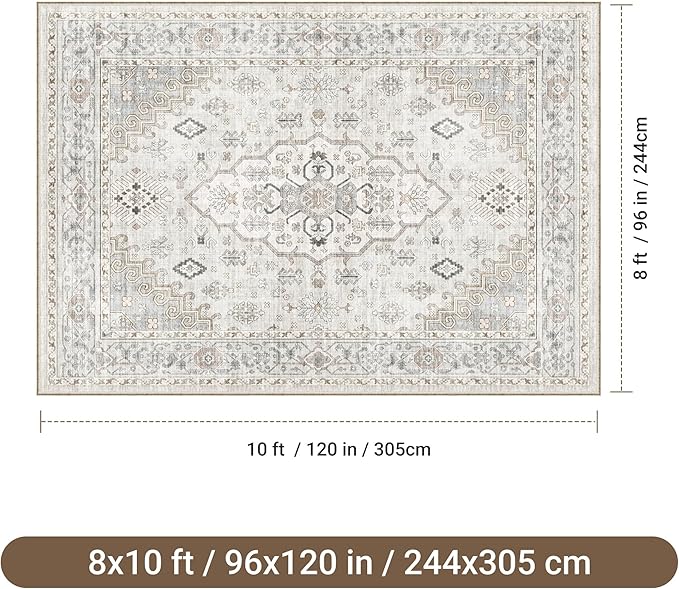 befbee 8x10 Area Rugs for Living Rooms, Stain Resistant Neutral Washable Rugs for Dining Rooms, Floral Vintage Non-Slip Thin Large Size Area Rug(Light Grey)