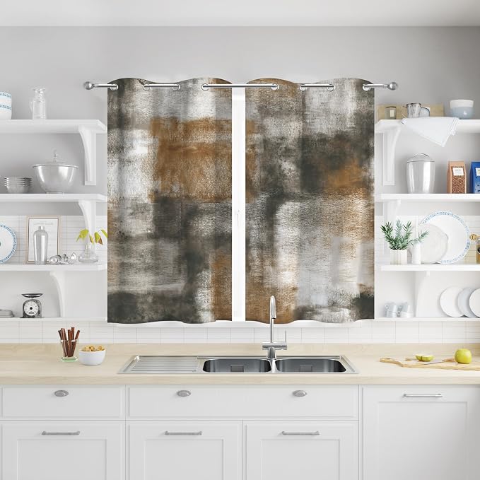 Asuexpect Abstract Kitchen Curtains 2 Panels Abstract Rust Curtain Room Darkening Grommet Window Drapes Modern Decorative Window Treatments, 26x36 Inches, Tan