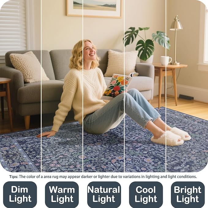 9x12 Washable Area Rugs for Living Room, Stain Resistant Vintage Rugs for Dining Room Under Kitchen Table, Bedroom, Floral Low Pile Non-Slip Large Carpet (9 x 12 Blue)