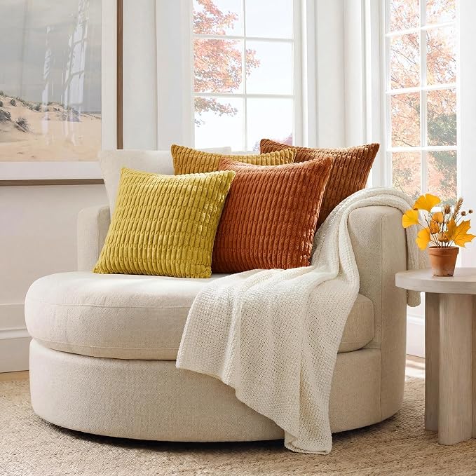 Softalker Fall Throw Pillow Covers 18x18 Inch, Set of 4, Corduroy Soft Striped Farmhouse Boho Pillow Cover, Modern Farmhouse Boho Autumn Home Decor for Living Room Bed Sofa(NO Inserts), Orange/Rust