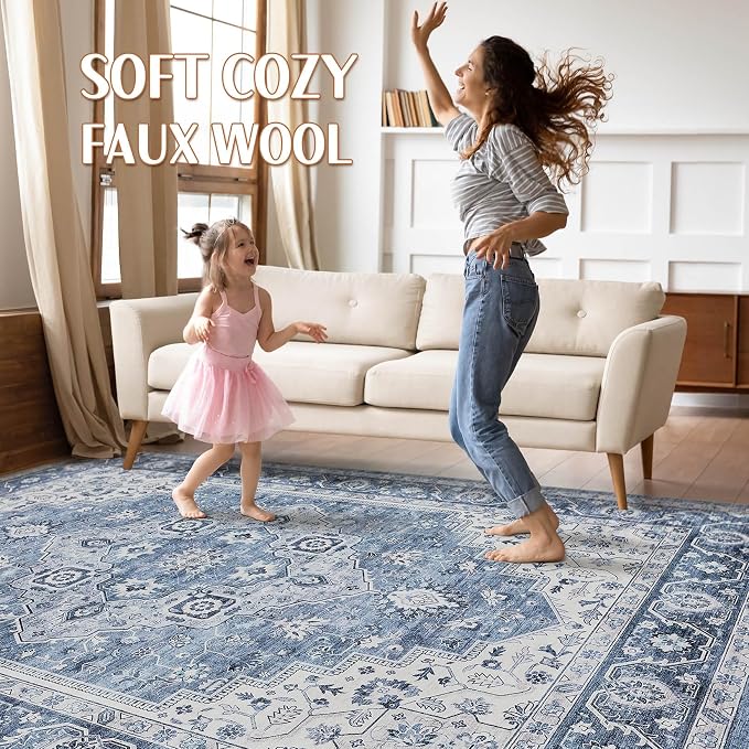 6x8 Area Rug Living Room: Washable Boho Large Neutral Vintage Soft Rug Stain Resistant Farmhouse Non-Slip Indoor Floor Retro Carpet for Bedroom Nursery Kids Office Dining Room- Blue Gray