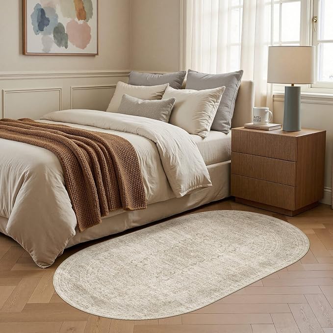 Nakagishi Oval Rugs for Entryway: Washable Non-Slip Neutral 3x5 Area Rug for Kitchen, Pet Friendly, Soft Stain Resistant Low Pile Oval Carpet for Bedroom