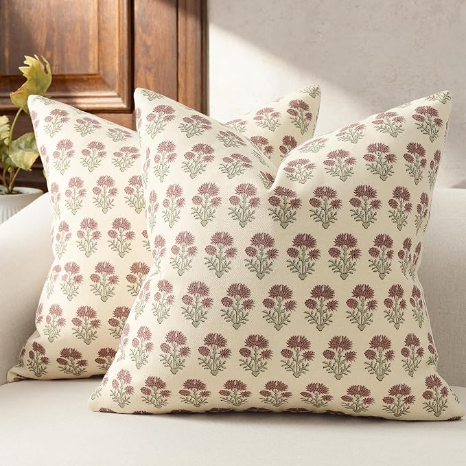Farmhouse Floral Pillow Covers 24x24 Set of 2, Country Botanical Throw Pillow Cover for Sofa Couch Bed Living Room, Rustic Vintage Flower Cushion Covers Cottage Home Décor,Rust Meadow