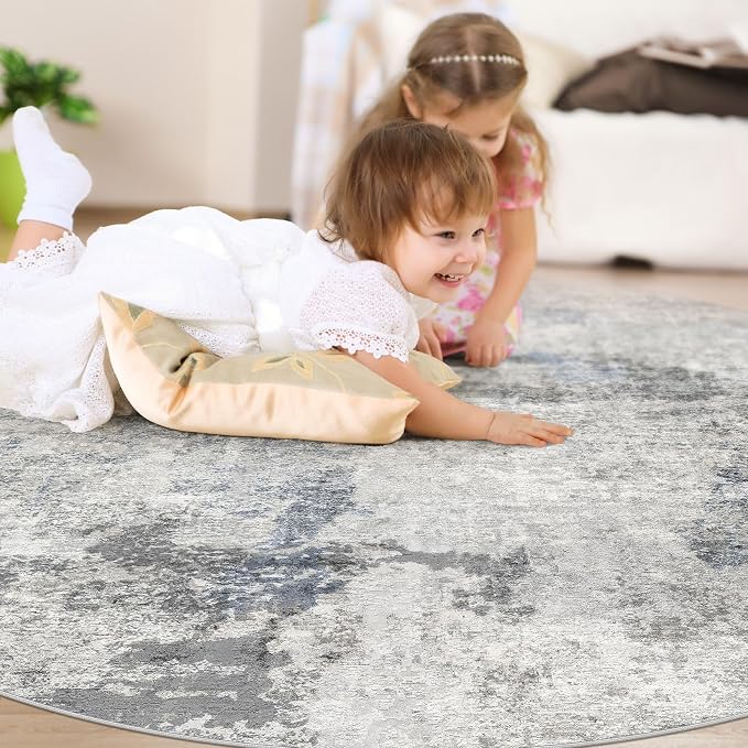 DMOYEST 8ft Round Area Rug for Living Room - 8x8 Washable & Non Slip Circle Rug, Kid & Pet Friendly Soft Low Pile Abstract Carpet for Bedroom and Dining Room - Grey Blue