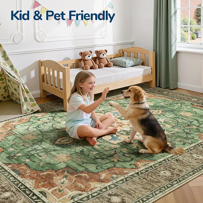 Lessymo Washable Area Rug for Living Room,8x10 Large Rugs with Non-Slip Backing,Soft Boho Carpets for Bedroom Dining Room Nursery Home Office,Light Orange