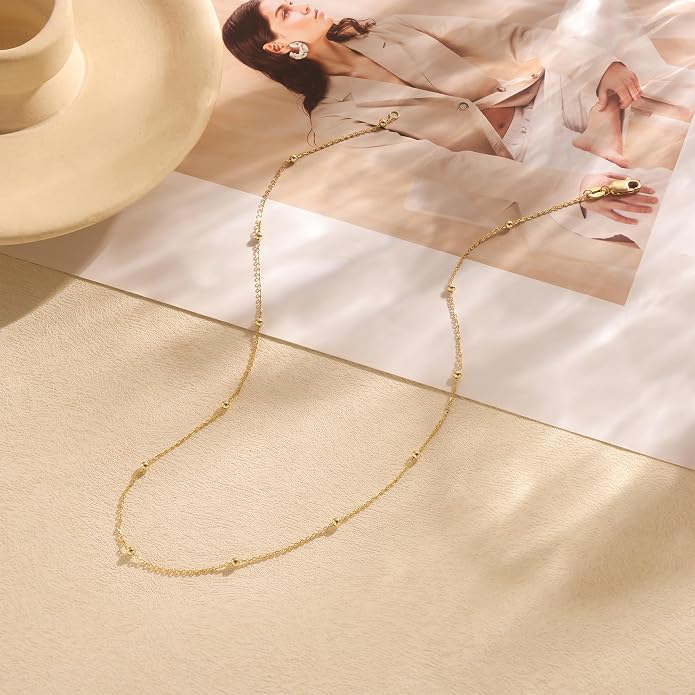 Carffordo 925 Sterling Silver Chain Necklace 16K Gold Plated Beaded Chain Necklace for Women Simple Dainty Choker Necklace Satellite Waterproof Link Necklace Trendy Jewelry Gifts