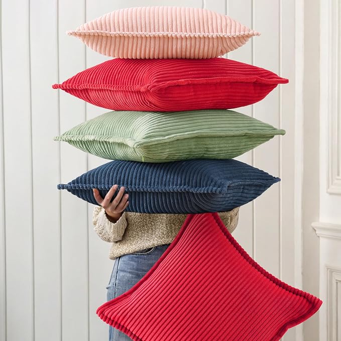 decorUhome Fall Corduroy Red Throw Pillow Covers 12x20 Set of 2 | Lumbar Couch Decorative Soft Modern Boho Farmhouse Pillow Covers Broadside Striped Pillow Cases for Living Room Bed Sofa