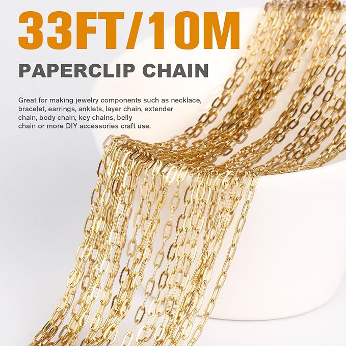 33FT Gold Paperclip Chain Jewelry 2MM 18K Gold PVD Plated Stainless Steel Paperclip Link Chain Roll Bulk for Jewelry Making