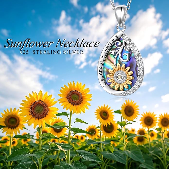 DAOCHONG 925 Sterling Silver Filigree Moonstone Sunflower Necklace Celtic Teardrop Abalone Shell Jewelry for Women Birthday Christmas Anniversary
