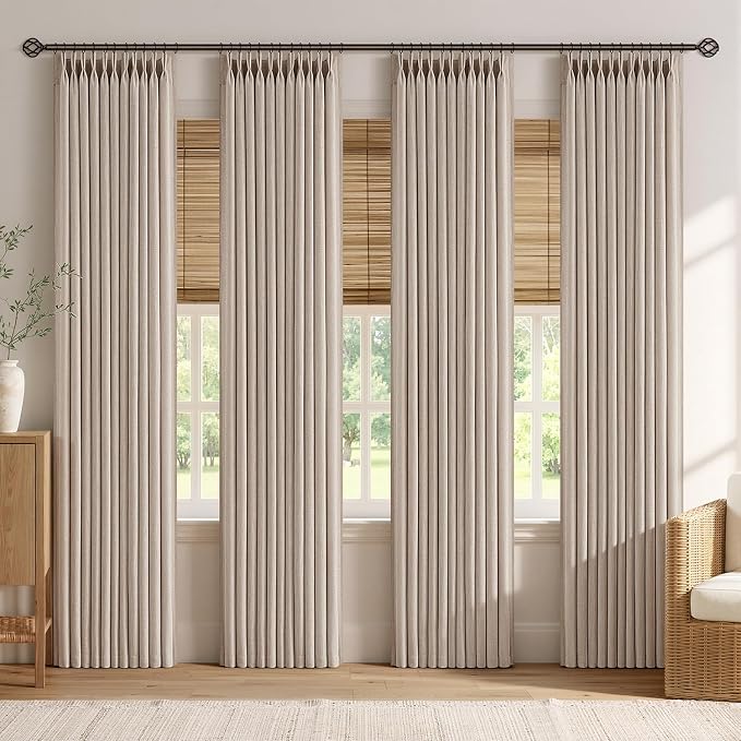 MIULEE 4 Panels Set Pinch Pleated Linen Curtains 90 Inches Long for Living Room Bedroom, Thick Linen Textured Memory Trained Pleat Drapes Back Tab Light Filtering Taupe Window Curtains with Hooks