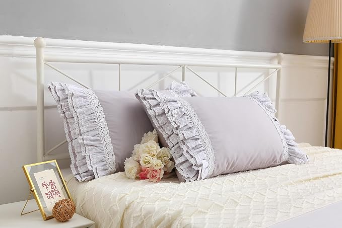 Gray Pillow Shams with Lace Ruffles Shabby Chic Cotton Queen Size Grey Pillowcases 20 x 30 2-Pack