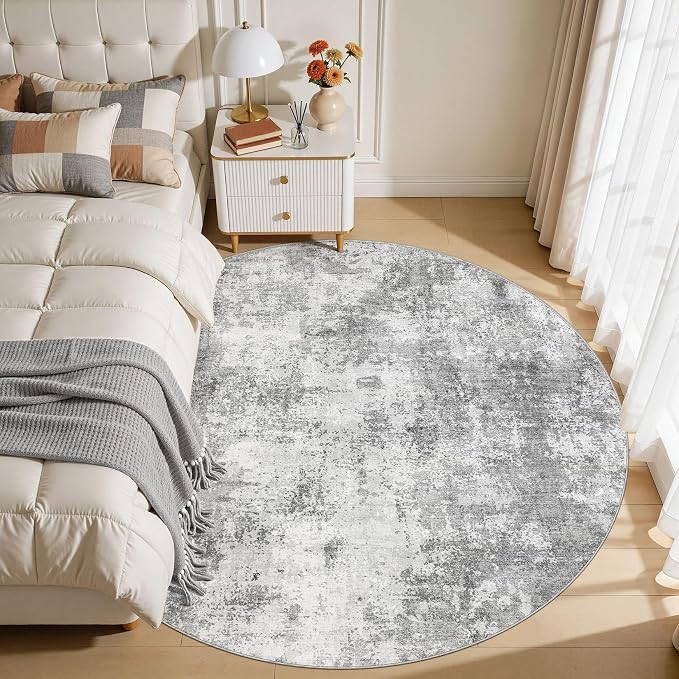 6Ft Round Area Rug for Living Room, 6x6 Washable Rugs Non-Slip Soft Large Modern Abstract Pattern Low Pile Carpet for Bedroom Indoor Floor Nursery Home Decor - Grey