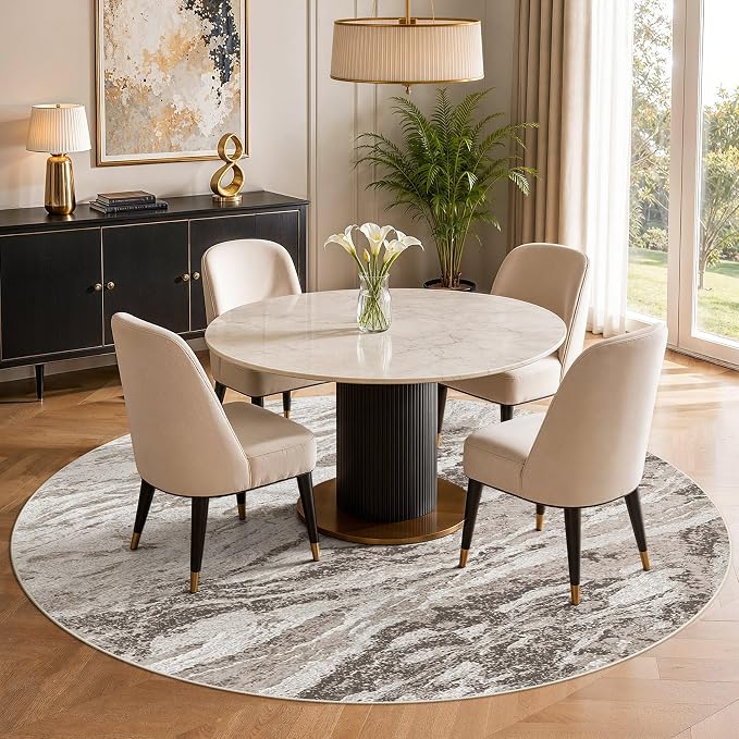 Area Rugs for Living Room: 8ft Round Abstract Washable Rug Modern Neutral Large Soft Stain Resistant Non-Slip for Bedroom Dining Room Indoor Home Office Carpet - Brown