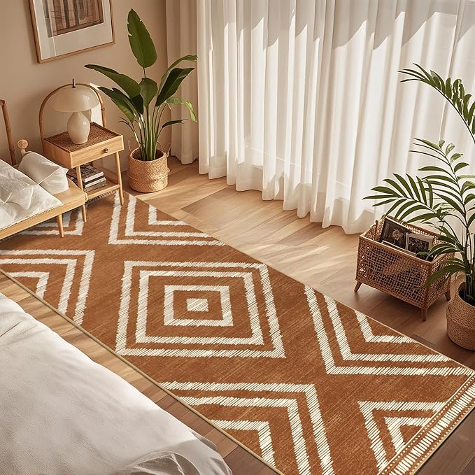 Boho Hallway Runner Rugs 3x10ft Non Slip, Long Brown Washable Kitchen Rug Runners Non Shedding, Geometric Floor Carpet for Bedroom Farmhouse Entryway Living Room Home Decor