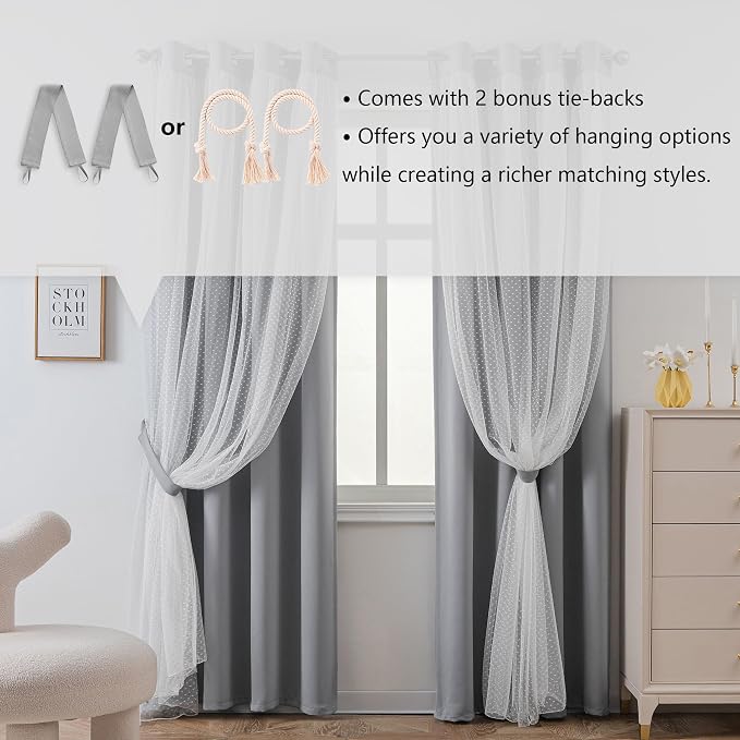 MYSKY HOME 65% Blackout Curtains for Girls Bedroom & Nursery Kids Grey Cute Curtains Double Layer with Polka Dots Sheer, Grommet Tops, 52x95 Inch Each Panel, 2 Panels